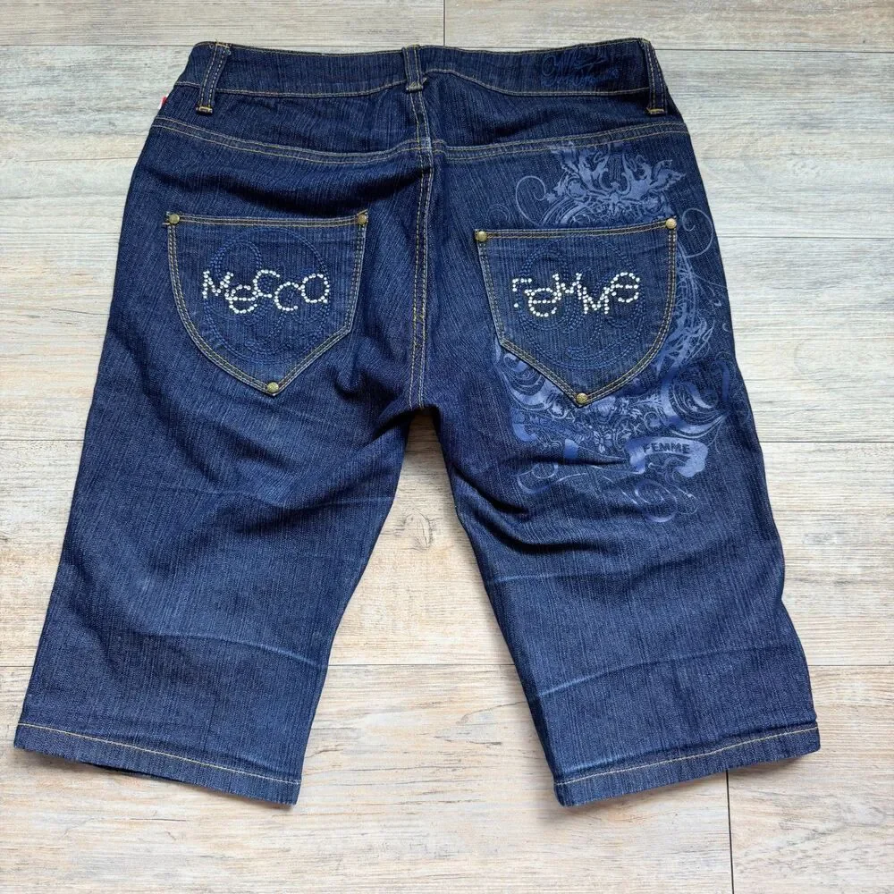 Y2K Urban Streetwear Mecca Femme Denim Bermuda Shorts Bling Pockets Size 7/8
